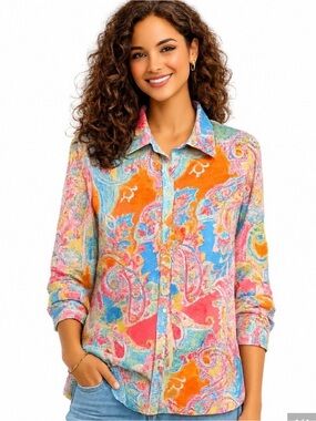 Womens Multicolor Paisley Button-Down Shirt